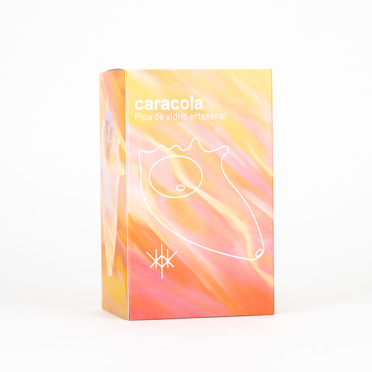 Caracola Seashell glass pipe packaging with orange and pink background
