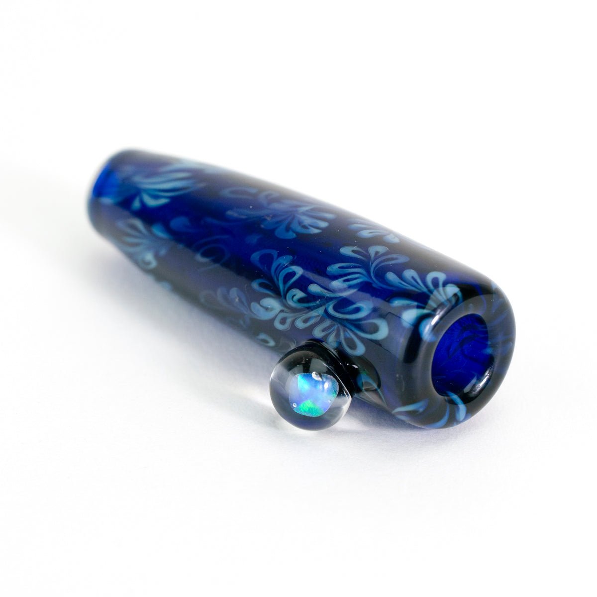 Glass Blue Pipe Chillum Floral Pattern