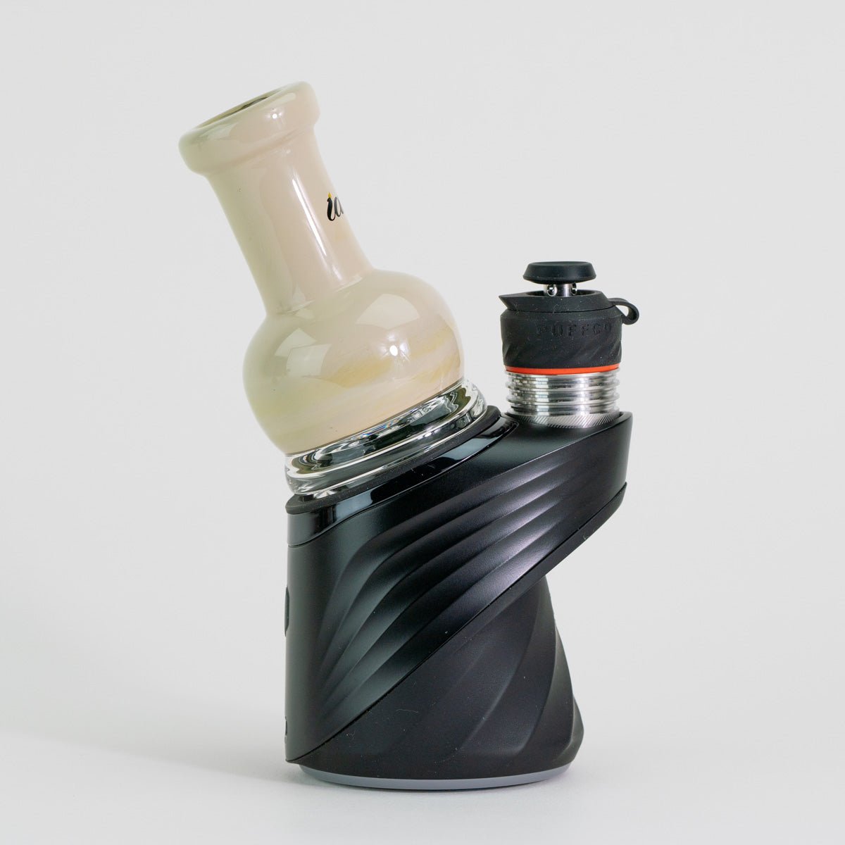 Glass smoking device with black base on a white background