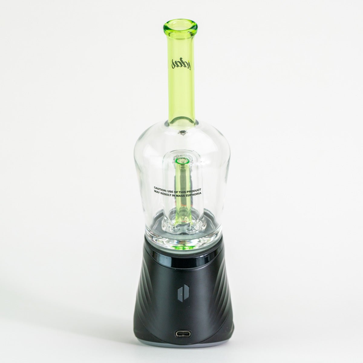Lime green glass attachment for Puffco device on white background
