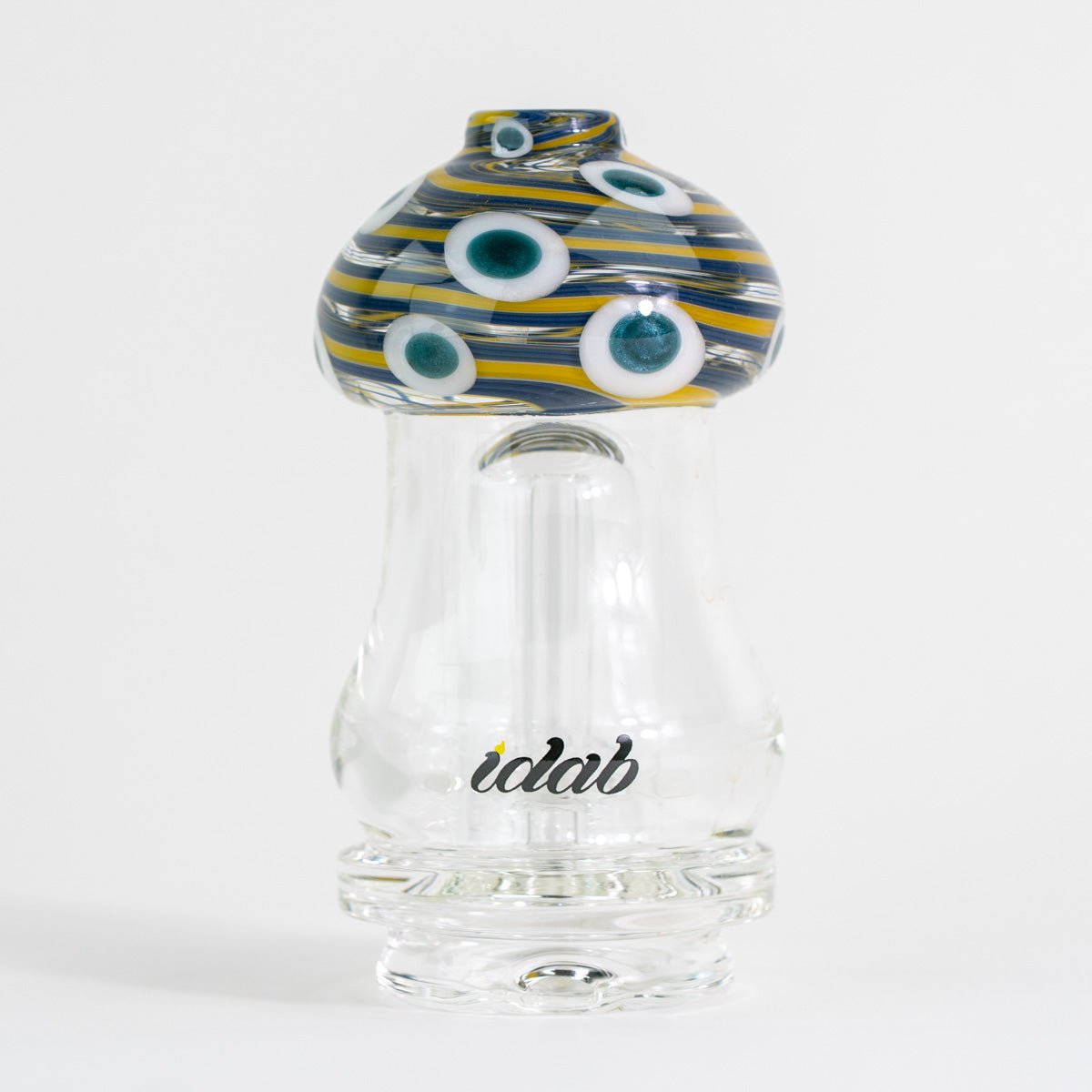 Glass smoking accessory with striped top and 'idab' branding on a white background