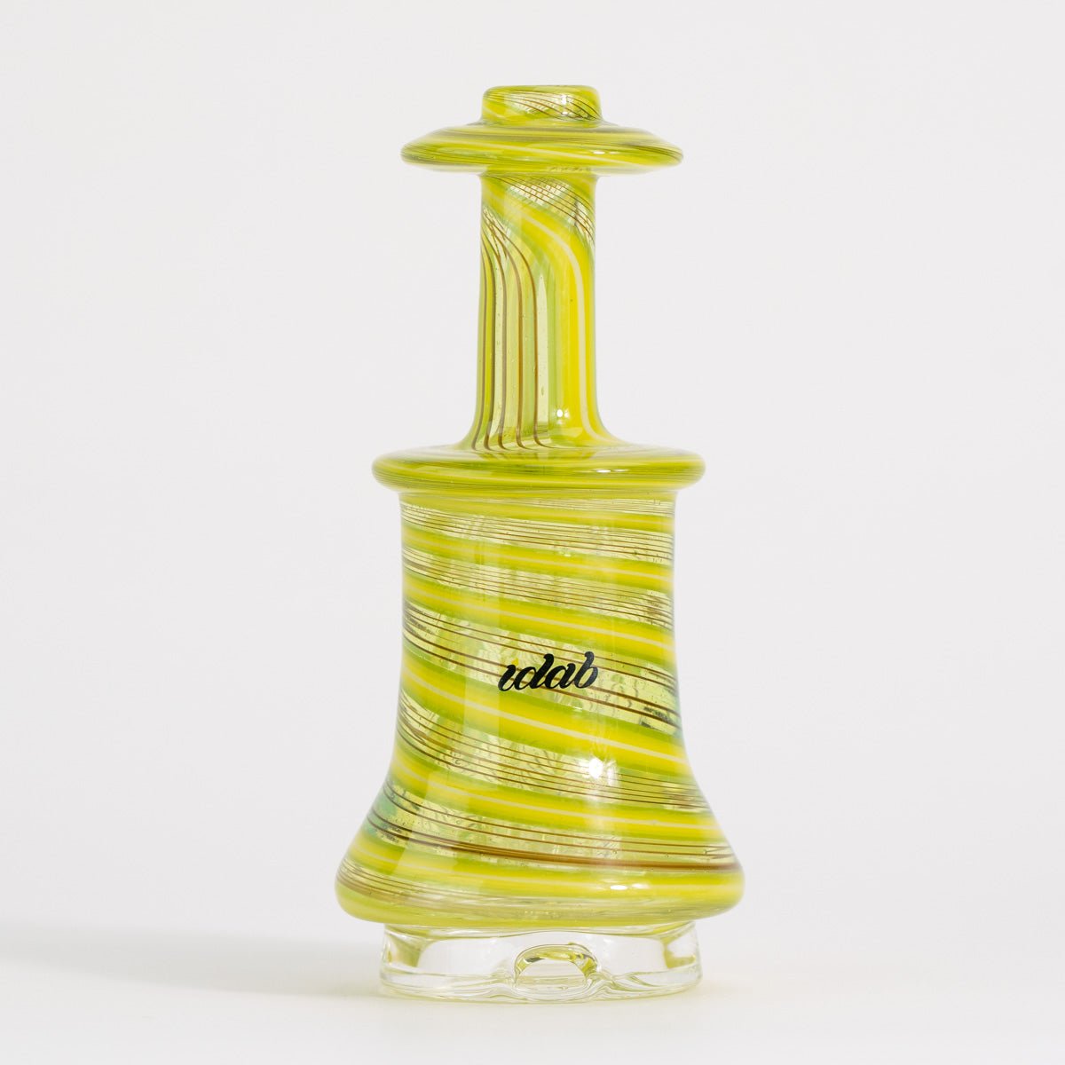 Glass smoking device with yellow swirls and 'dab' branding on a white background