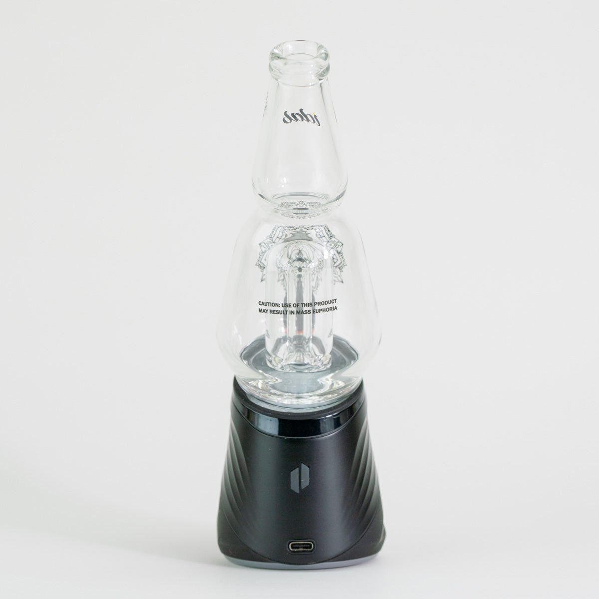 Clear glass bottle for Puffco device on white background