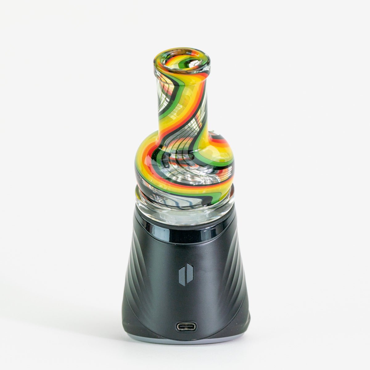 Glass smoking device with colorful swirl design on a white background