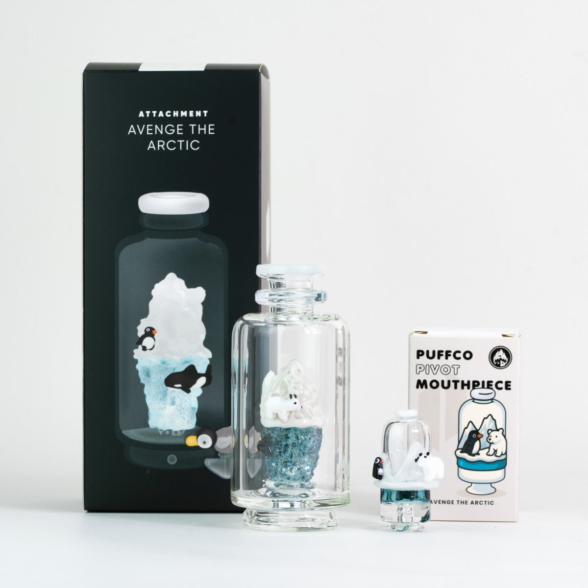 Avenge the Arctic Puffco Peak glass attachment and Pivot mouthpiece shown with original packaging