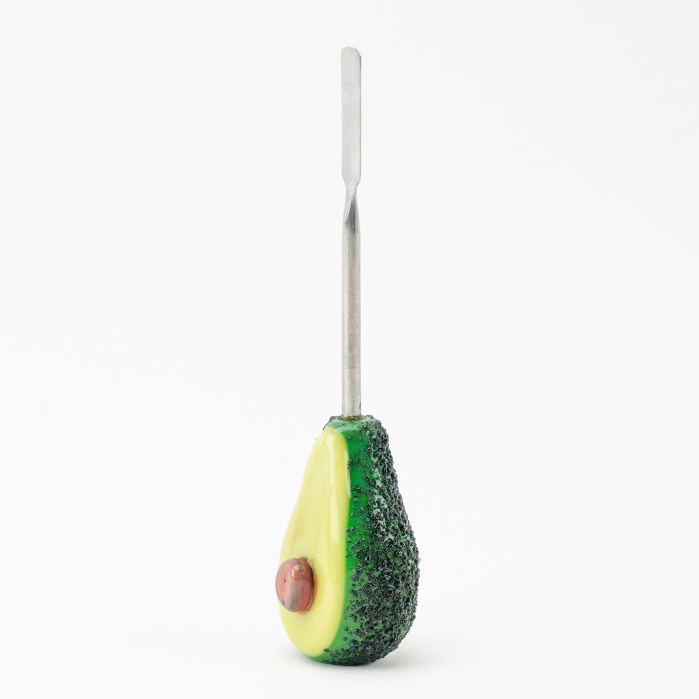 Avocadope dabber for concentrates with green glass edge and raised pit detail