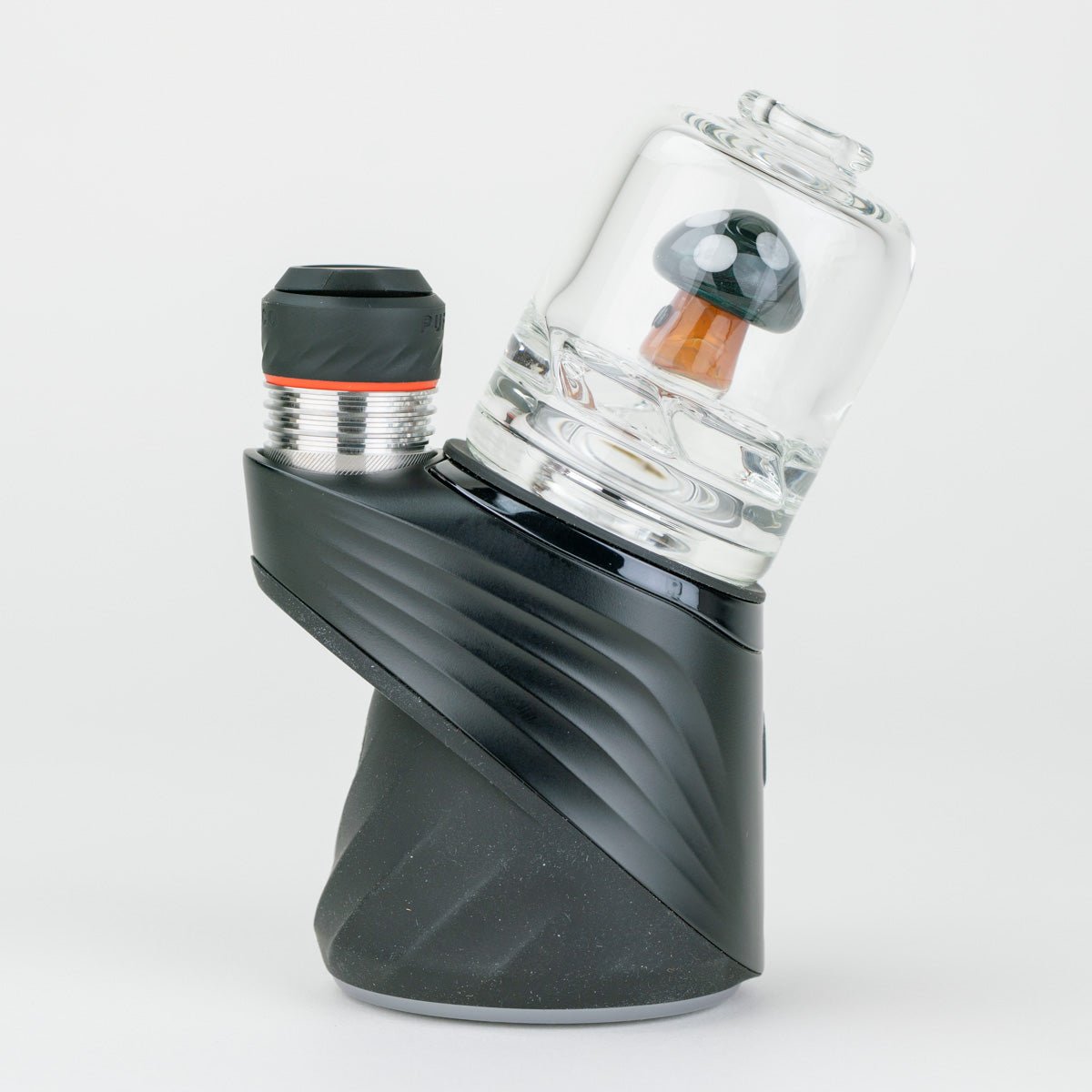 Side view of the Blue mushroom Puffco glass attachment installed on a Puffco Peak Pro device
