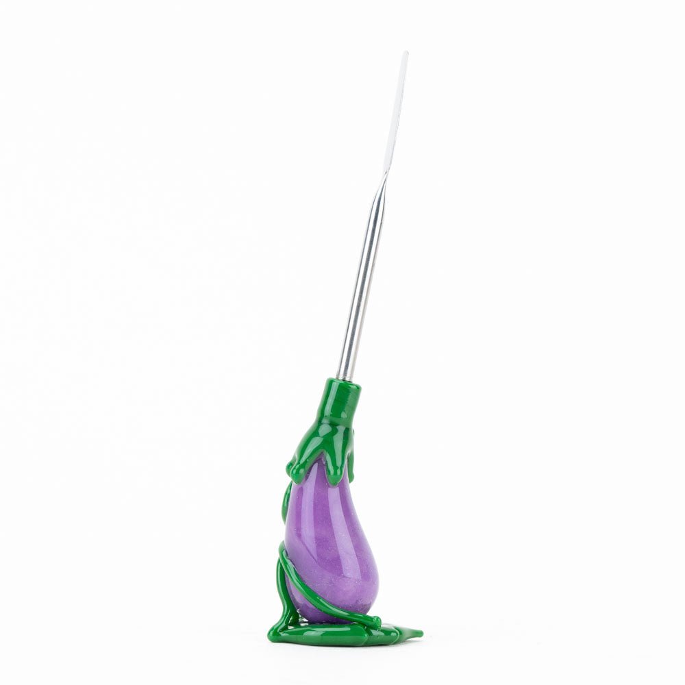 Eggplant glass dabber tool with purple body, green top, and slim metal tip