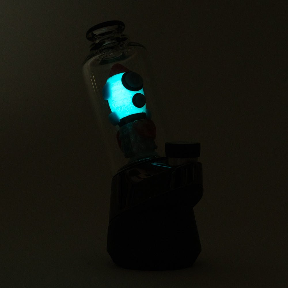 Empire Glassworks "Across the Universe" Puffco Peak/Peak Pro Glass Attachment with the lights off to show glowing glass