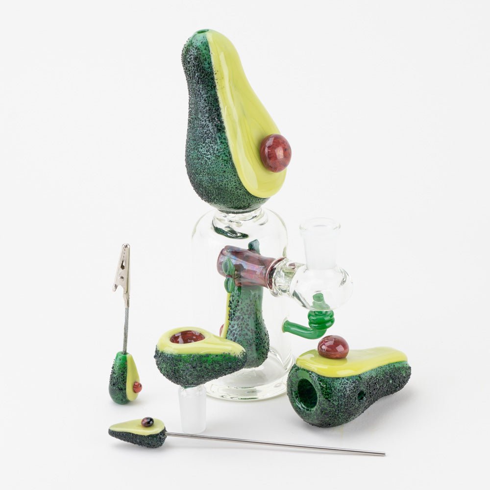 Empire Glassworks Avocadope Flower Bundle - Avocado Mini Rig - Avocadope Bowl Piece - Avocadope Small Dry Pipe - Avocadope Poker - Avocado Alligator Clip