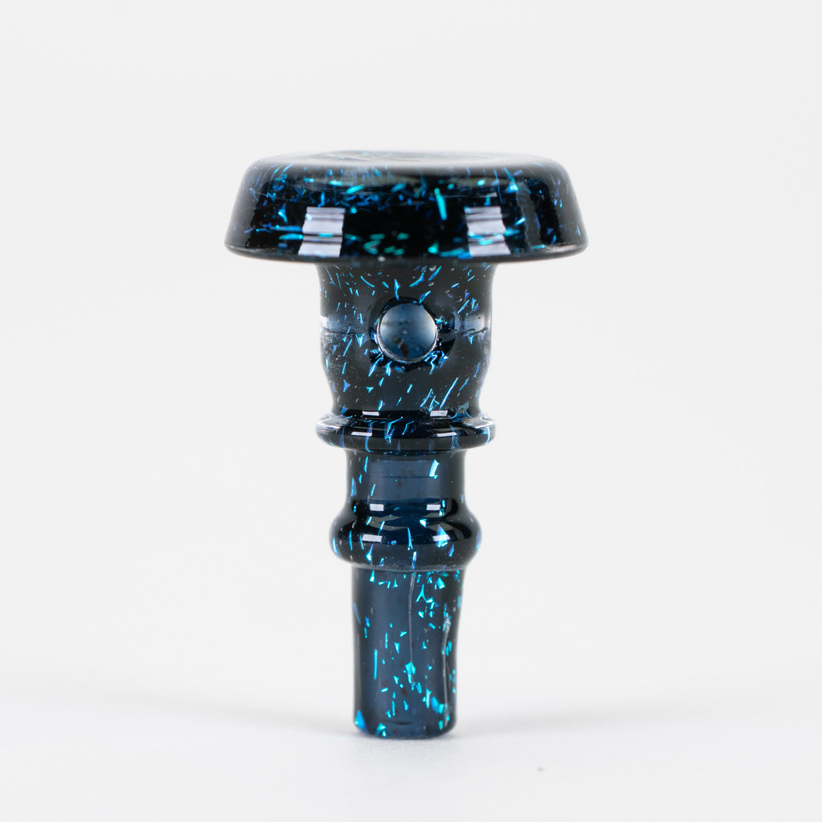 Empire Glassworks Black Nebula Puffco 3DXL joystick cap in smoky black glass with electric blue cosmic flakes
