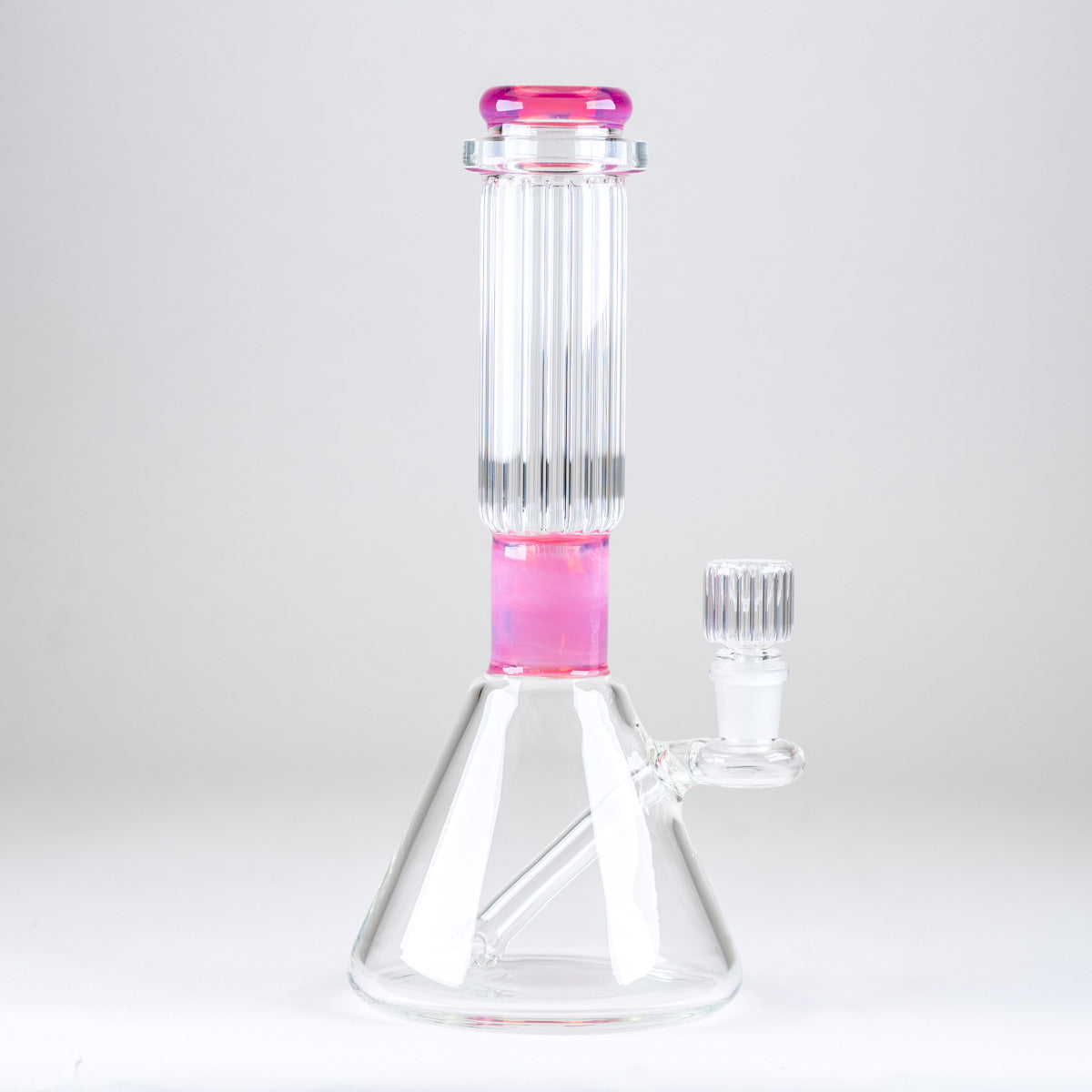 Empire Glassworks Classics Rosaline Signature Beaker Bong featuring rose-pink accents, a clear ribbed glass neck, and wide beaker base