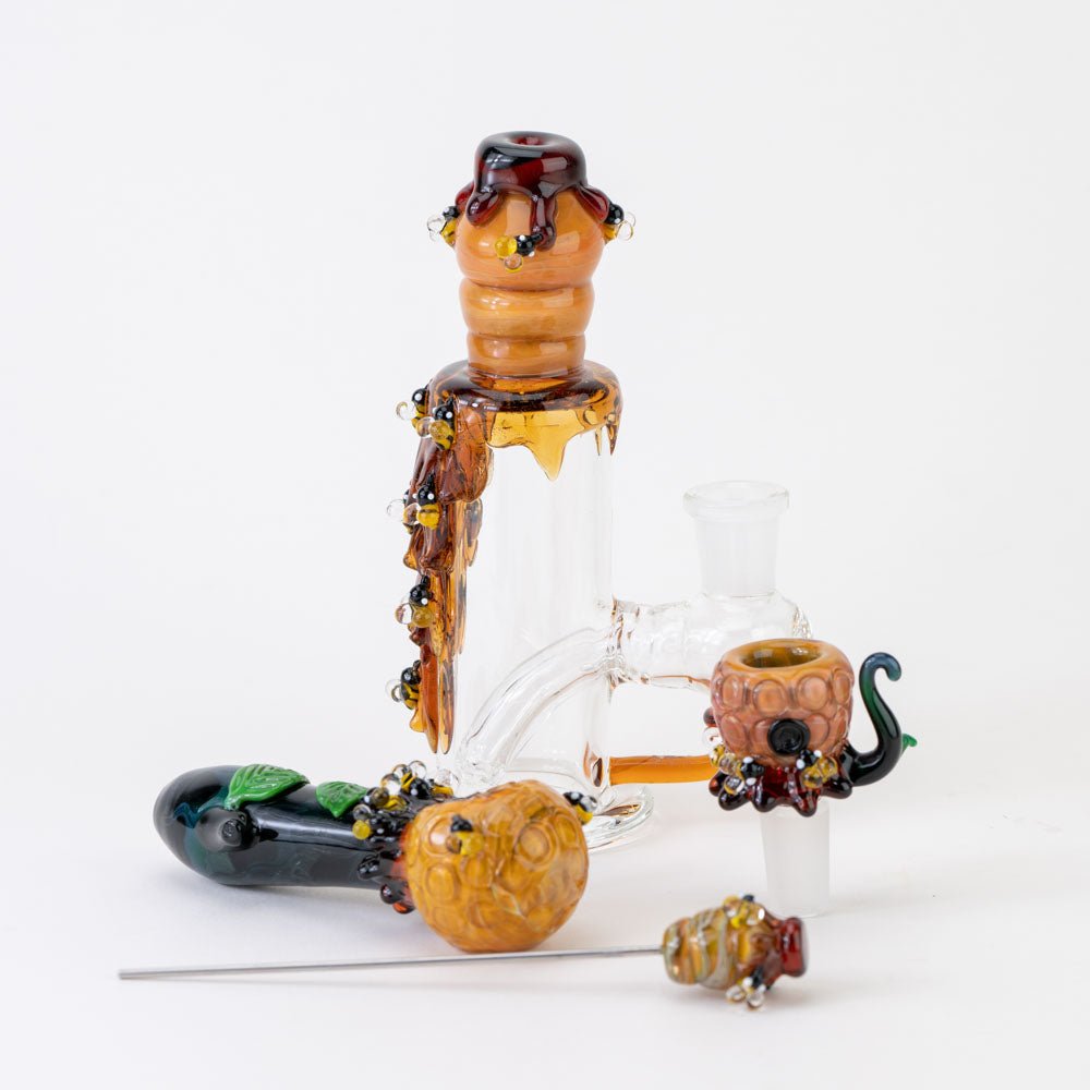 Empire Glassworks Honey Bee Flower Bundle - Beehive Nano Rig - Beehive Small Spoon Pipe - Beehive Bowl Piece - Beehive Poker