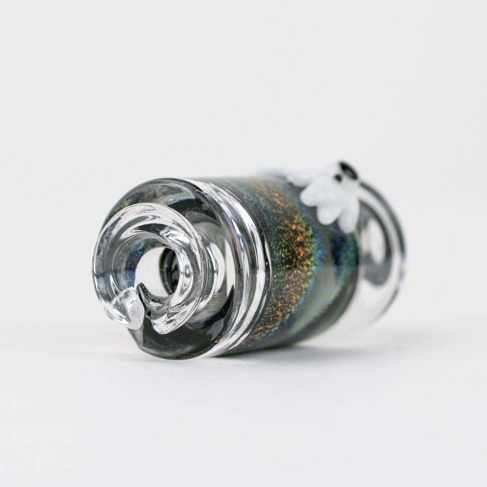 Handmade Puffco Pivot glass top in Across the Universe design with shimmering dichroic glass stars.