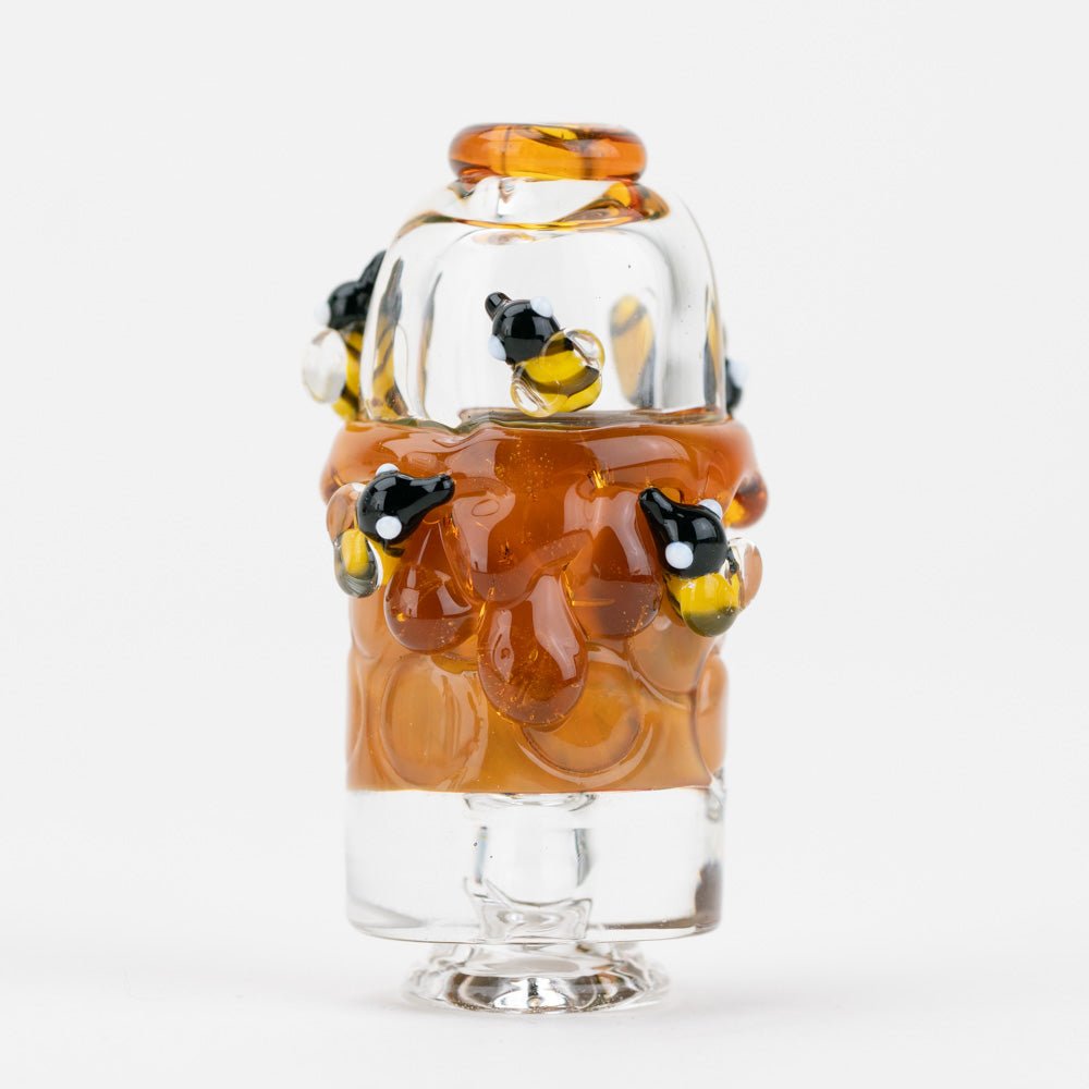 Empire Glassworks Save the Bees Puffco Pivot glass mouth piece with bright honeycomb and bee artwork.