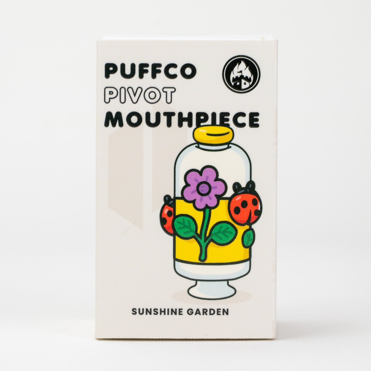 Puffco Pivot glass top in Sunshine Garden style with bright yellow glass, flowers, and ladybug details.