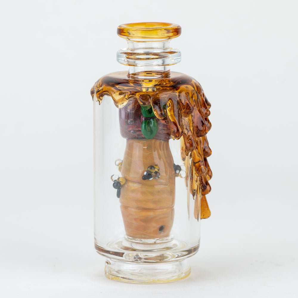Empire Glassworks Save the Bees Puffco attachment front view with golden honey tones and borosilicate glass finish