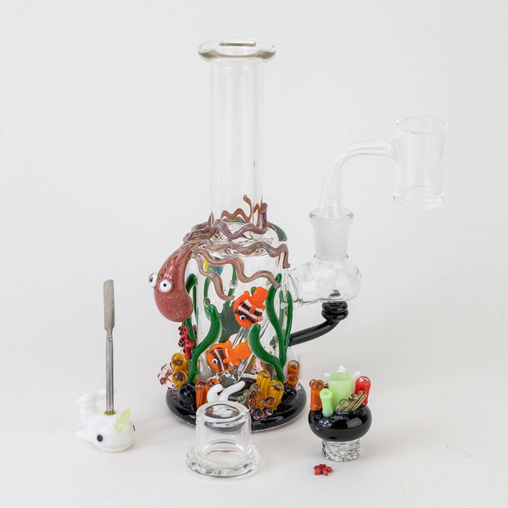 Empire Glassworks Under the Sea Concentrate Bundle - Under the Sea Mini Tube - Coral Reef Spinner Cap - Radioactive Narwhal Dabber - Empire Glassworks Quartz Banger - Carb Cap Stand