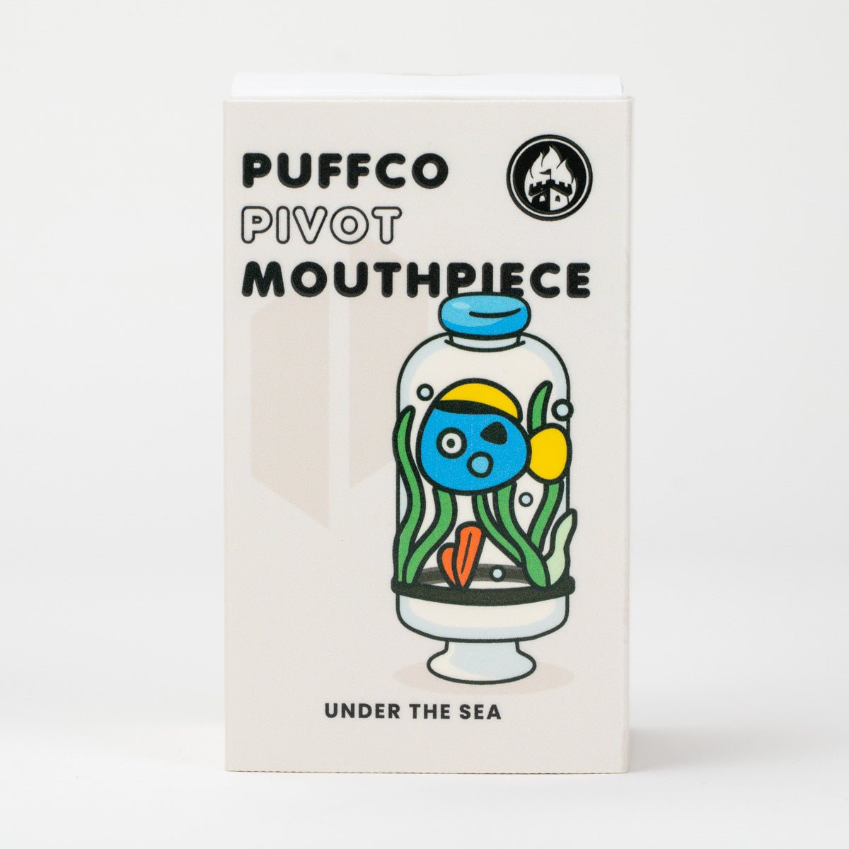 Front view of the packaging for the Under the Sea Puffco Pivot mouthpiece with ocean-inspired glass details
