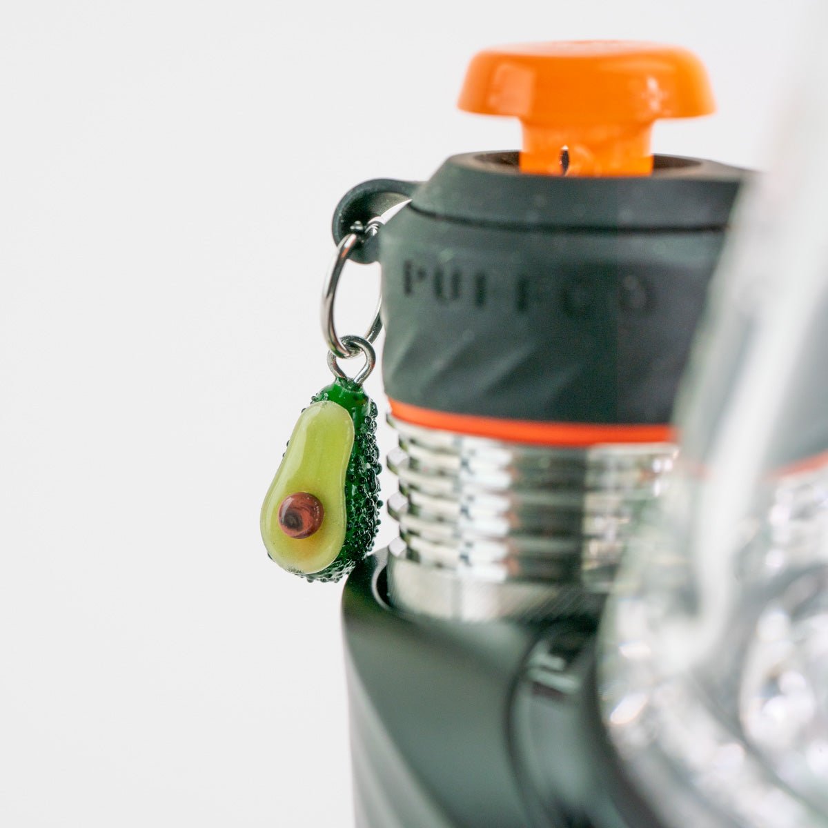Handmade avocado glass charm with clip and D-ring mounting hardware