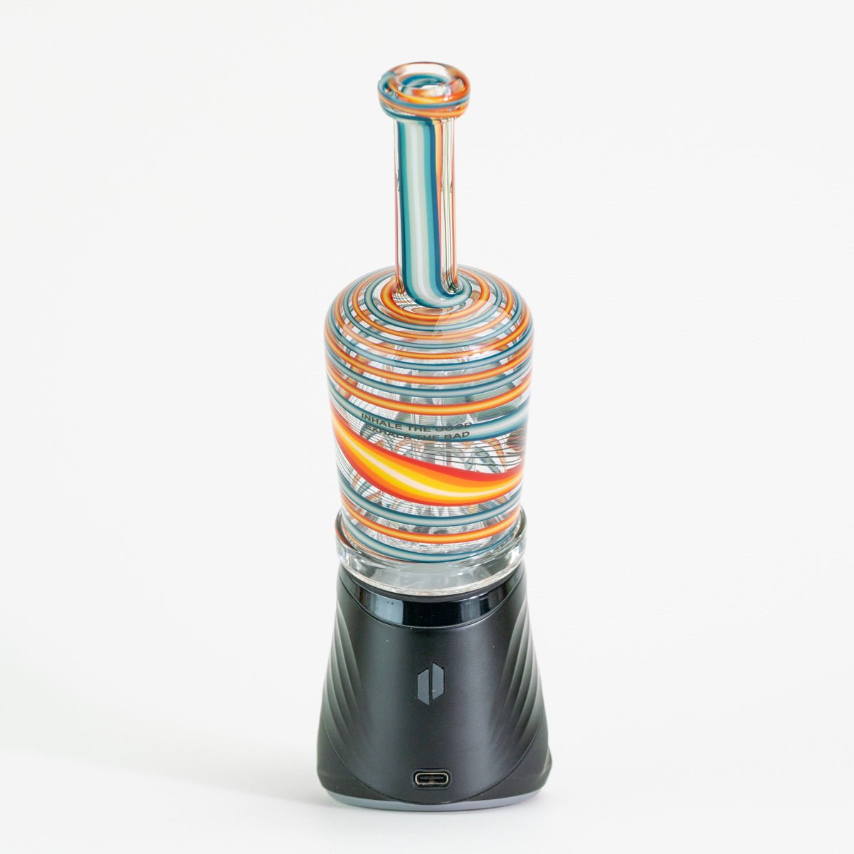 Colorful striped bottle-shaped device on a white background