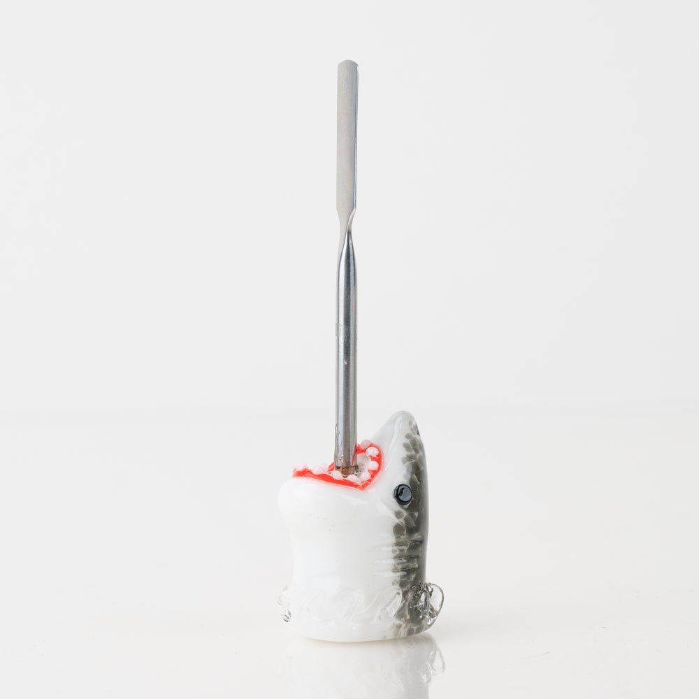Jawsome glass dabber tool with shark-inspired artwork and slim metal tip