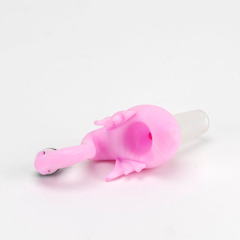 Side view of the pink flamingo glass bowl showing its sculpted bird silhouette