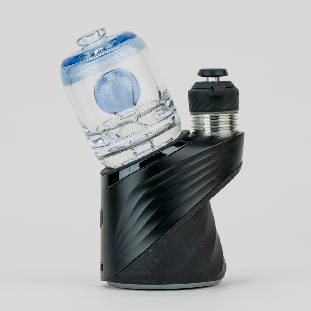 Puffco Peak with Blue Nebula dry top attachment installed for water-free use on a black Puffco Peak Pro