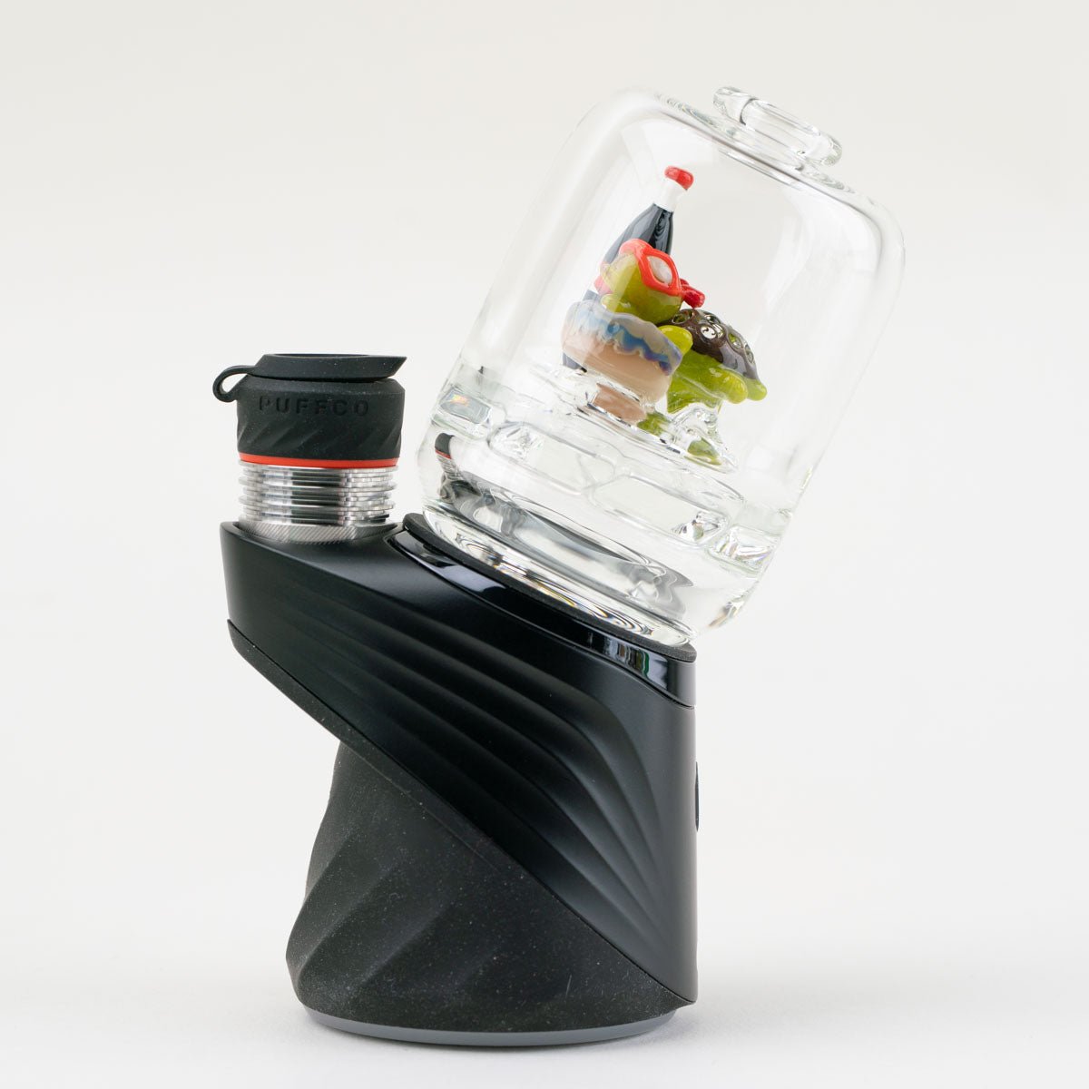 Raphael Pizza Party dry top attachment for Puffco Peak and Peak Pro, featuring red mask, pizza slice, and soda bottle inside clear glass.