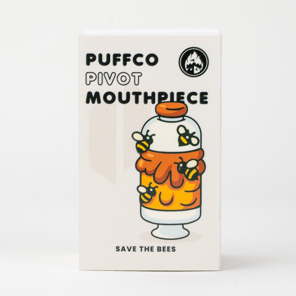 Save the Bees Puffco Pivot glass mouthpiece packaging with amber honeycomb detail and bee accents
