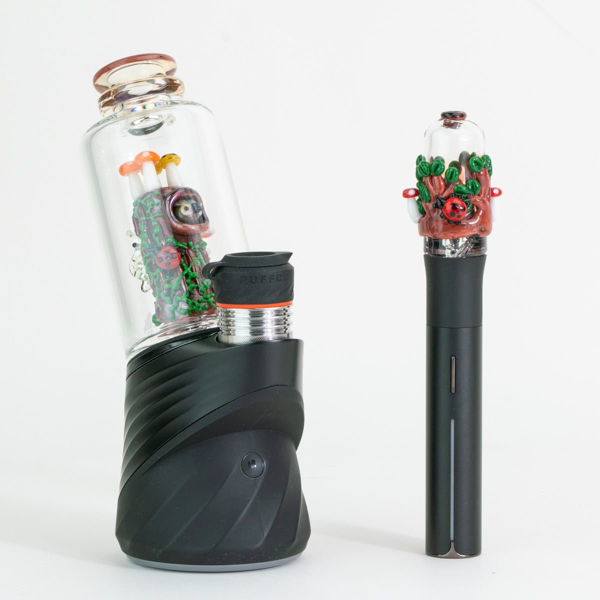Renew the Redwood Puffco Peak glass attachment and matching Pivot mouthpiece displayed on Puffco device