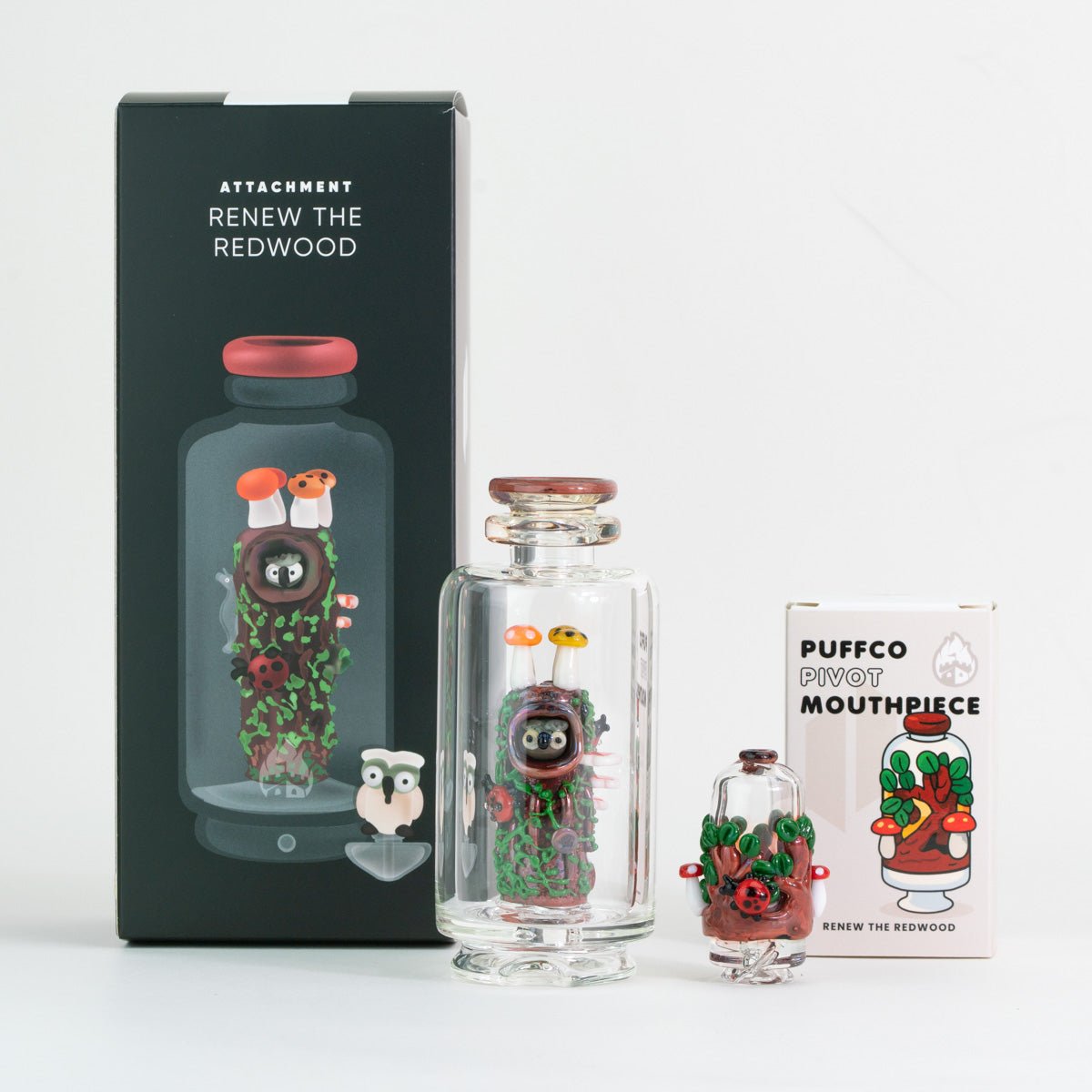 Renew the Redwood Puffco Peak glass attachment and Pivot mouthpiece shown with original packaging