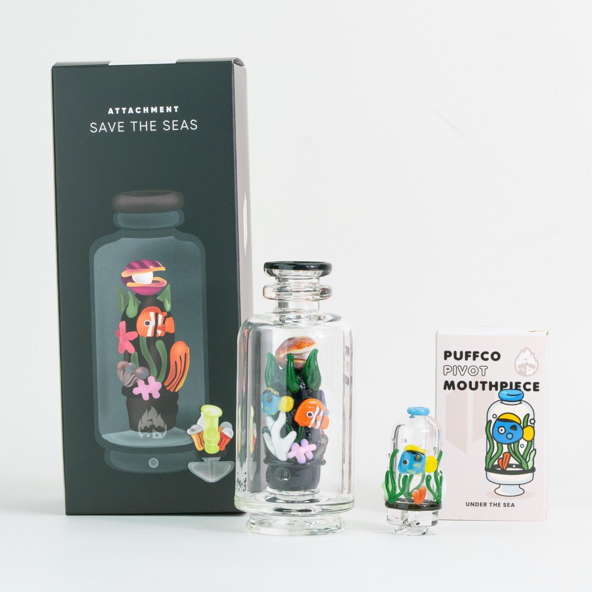 Save the Seas Puffco Peak glass attachment and Pivot mouthpiece shown with original packaging