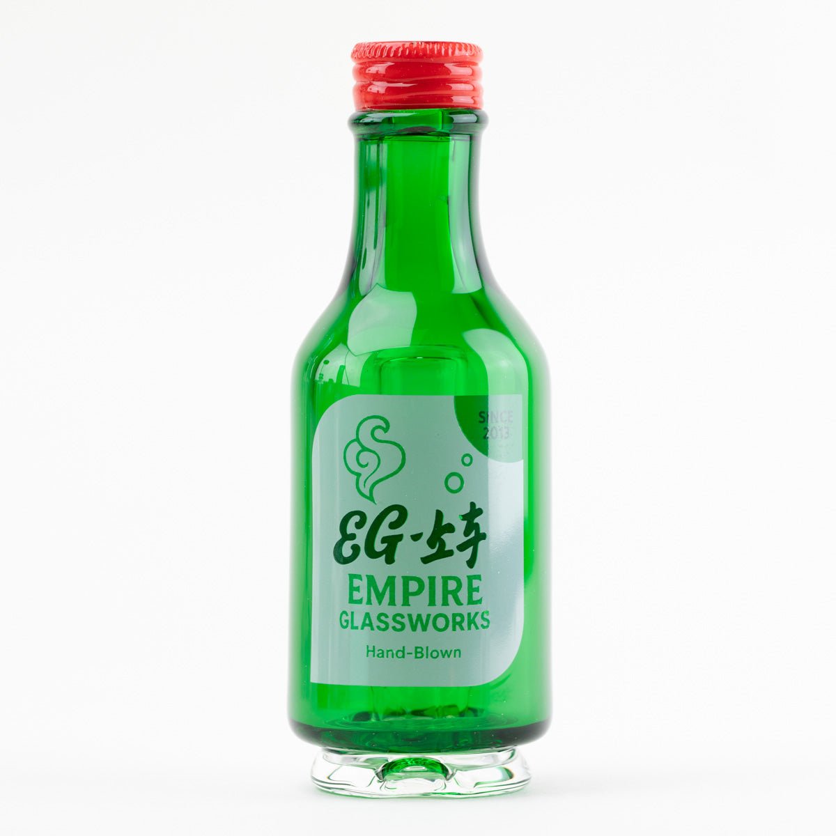 Handcrafted soju bottle inspired glass attachment with red cap detail for Puffco Peak