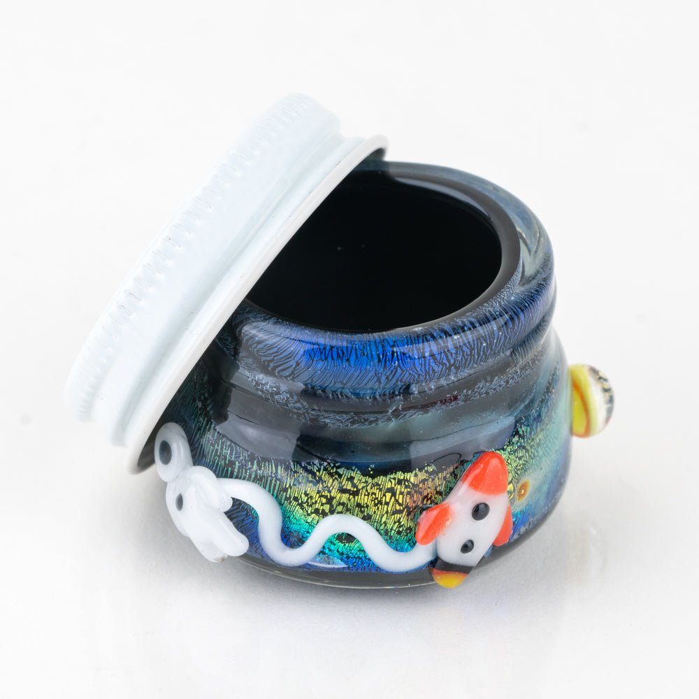 Space themed glass terp jar with galaxy inspired artwork and dichroic finish