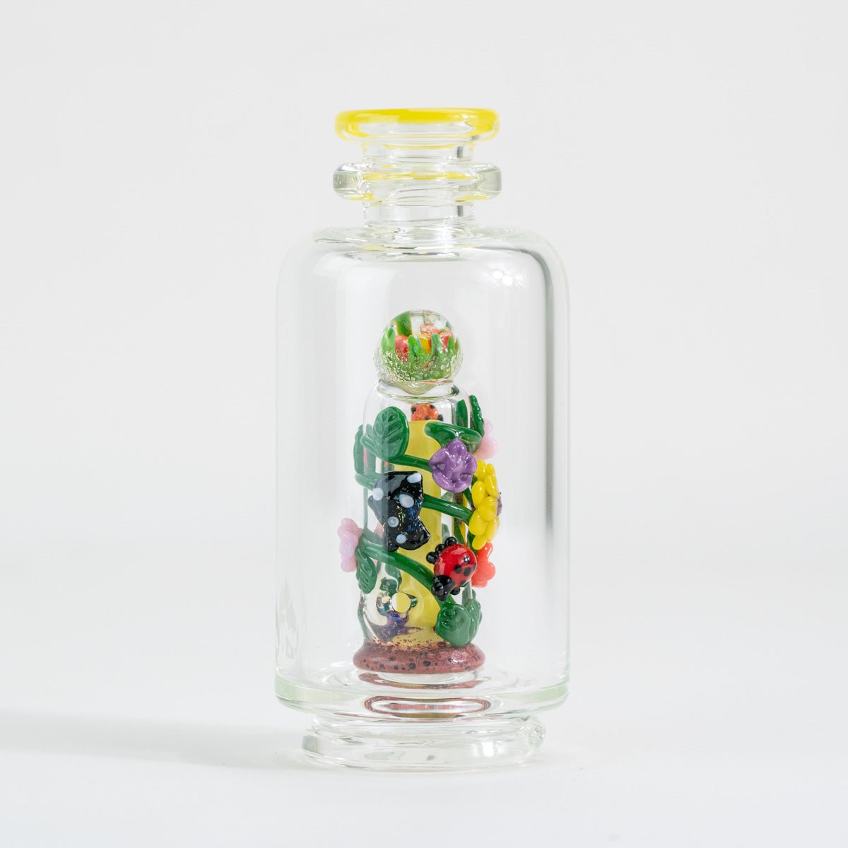 Sunshine Garden Puffco glass attachment with colorful lampwork flowers inside clear glass