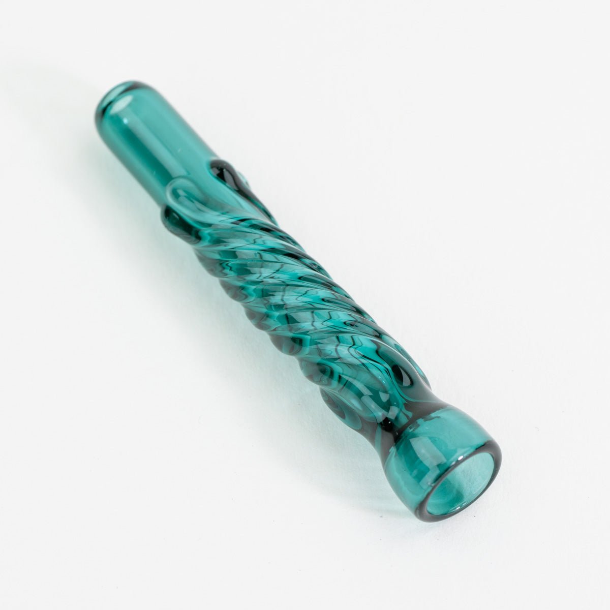 Close up of twisted texture detail on teal glass chillum