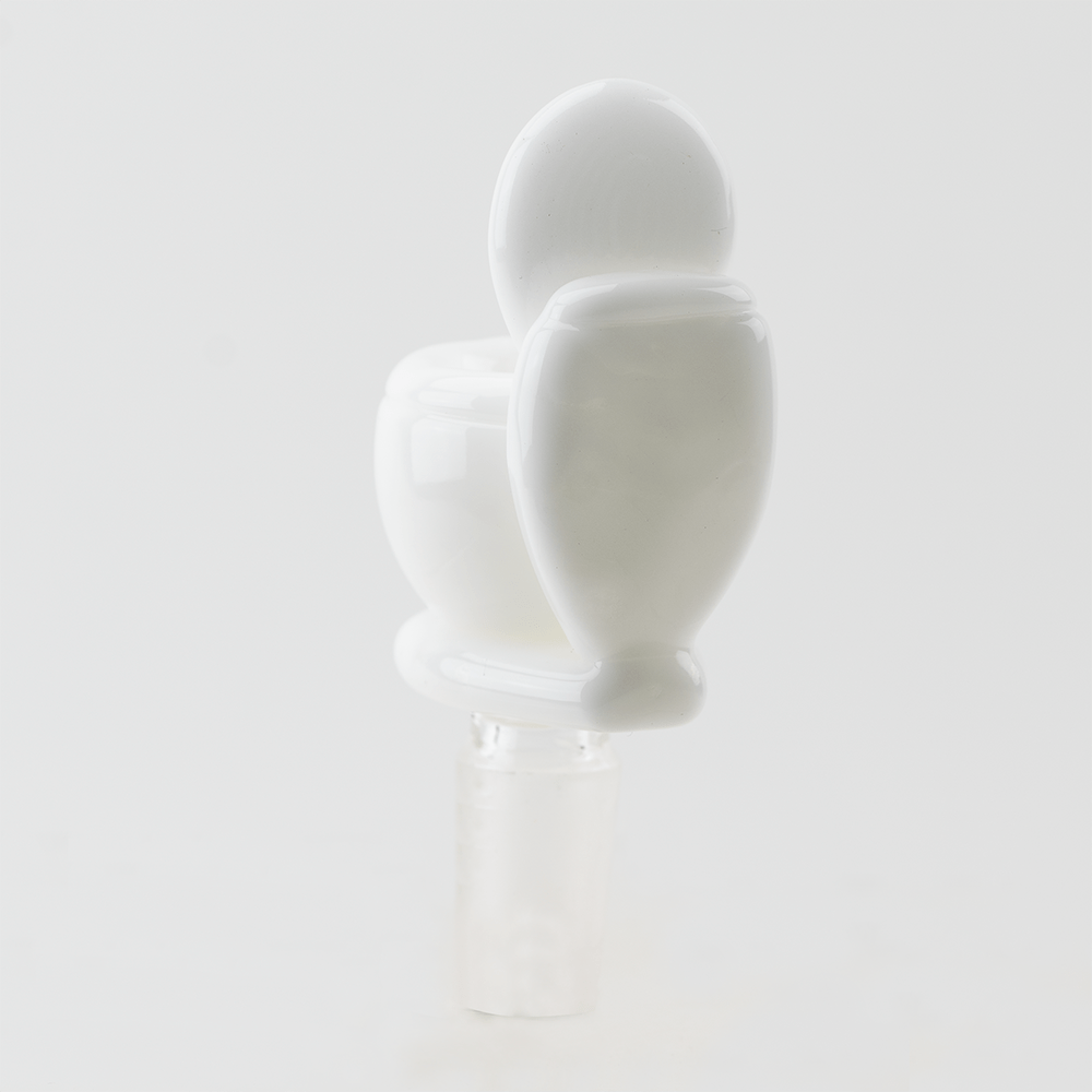 White glass bowl piece with bathroom-inspired shape and compact design