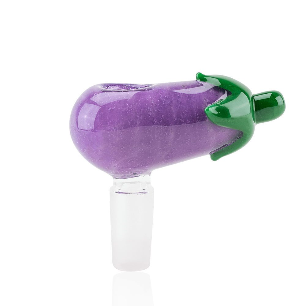 Empire Glassworks Eggplant Bowl Piece with purple glass body and green leaf detail