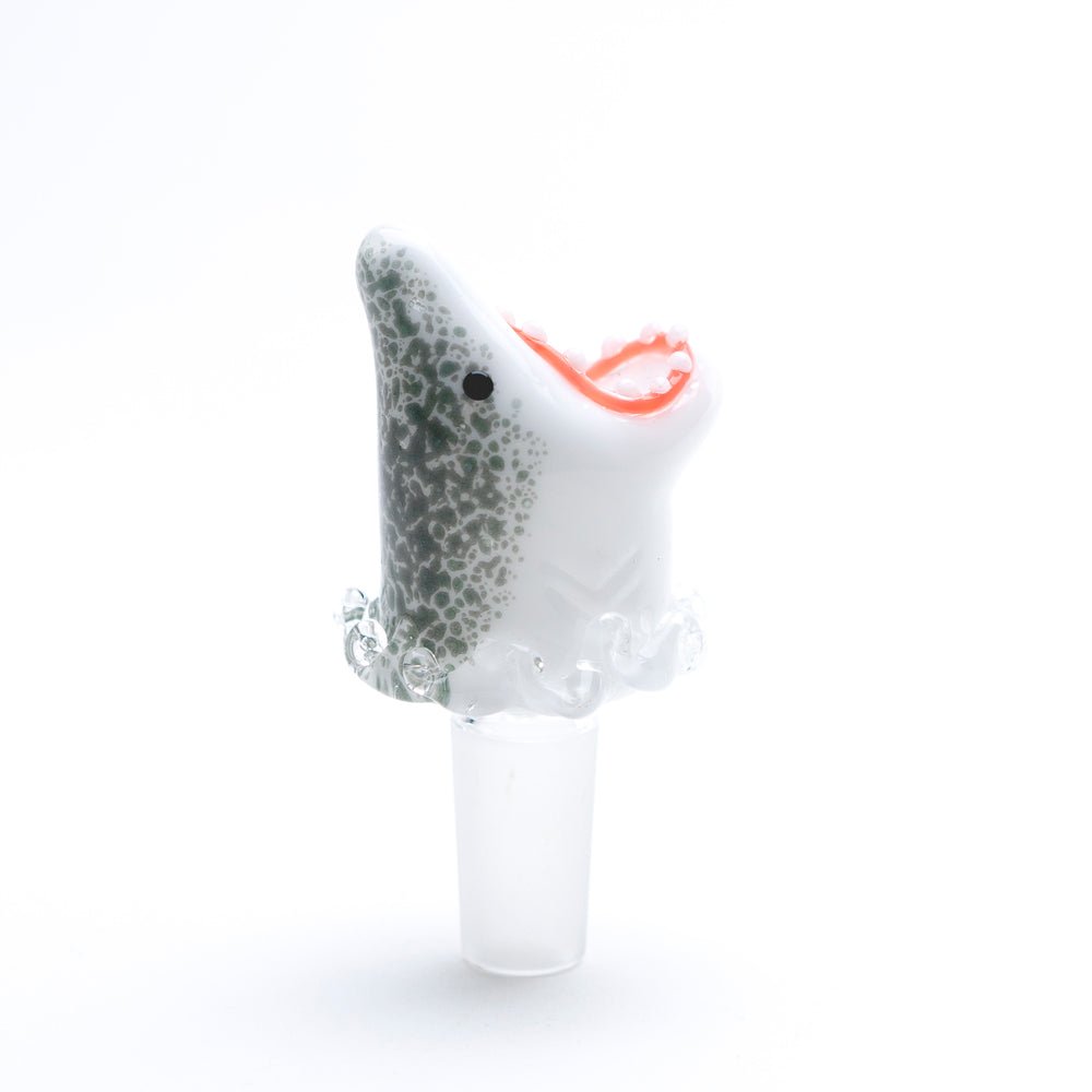 Empire Glassworks Jawsome Bowl Piece shaped like a white and gray shark