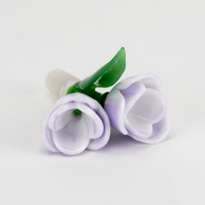 Front view of a lavender tulip glass bowl with layered flower petals