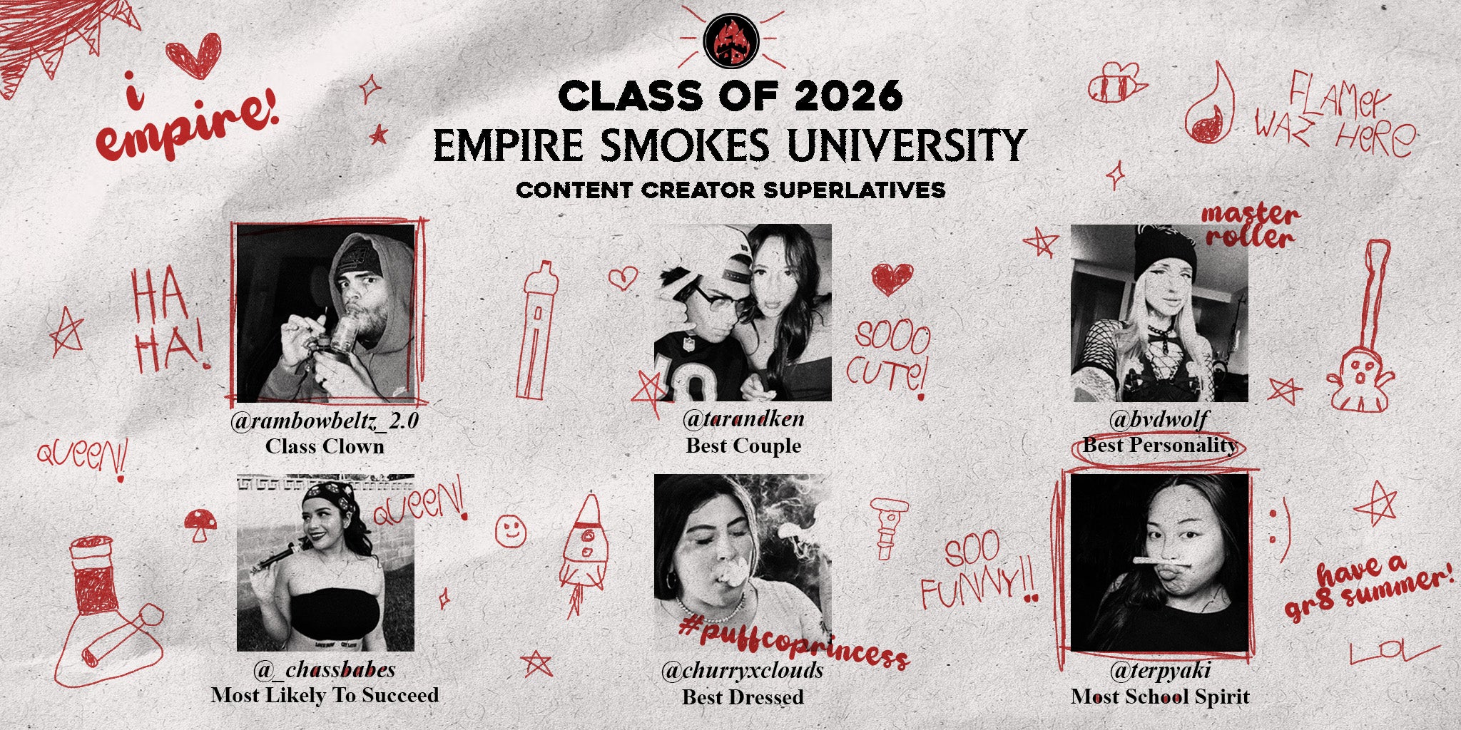 A promotional graphic for 'Class of 2026 Empire Smokes University' featuring six black-and-white portrait photos of young women with handwritten red and black labels and doodles on a textured off-white background.