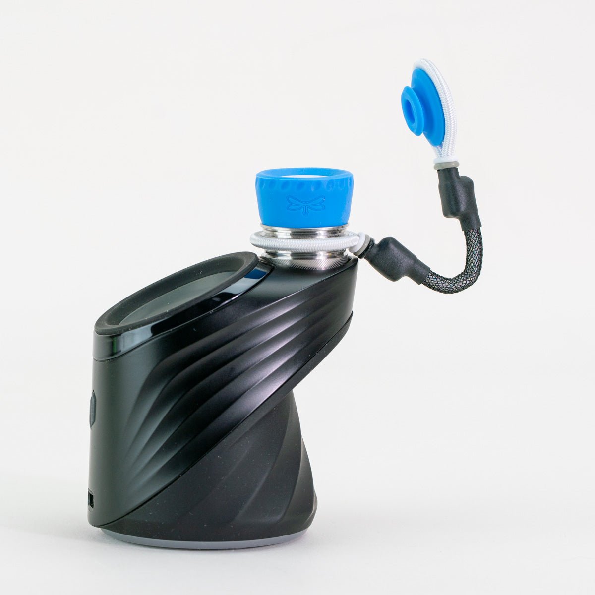 Black and blue tether attachment with opened lid