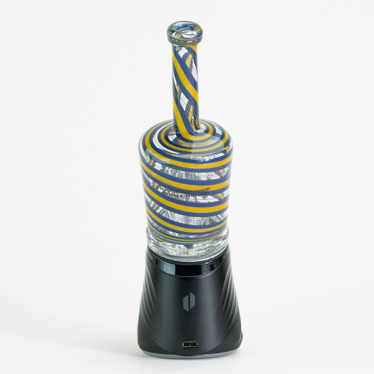 Blue and Yellow swirl design glass attachment on Puffco device