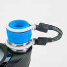 Blue and black attachment closeup on white background