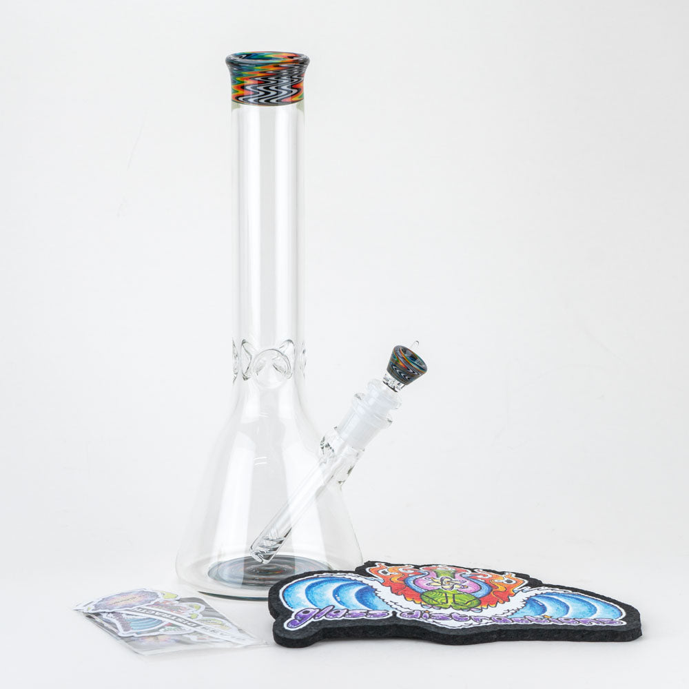 Barrel Kick Wigwag Beaker Water Pipe Glass Distractions Bong Wig Wag Heady Glass Thick Glass Wavey Rainbow Beaker Glass Distractions Heady Wigwag American Glass San Diego Moodmats Mood Mat