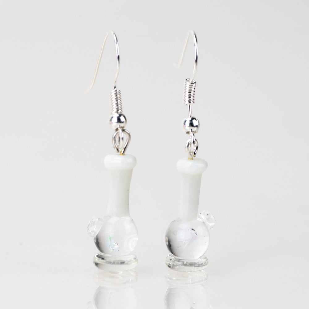 A pair of opal bong dangle earrings on a white background. The water pipe is glass and features an piece of crushed opal on the inside of the pipe. The stem of the earring is white and the earring backing is silver.