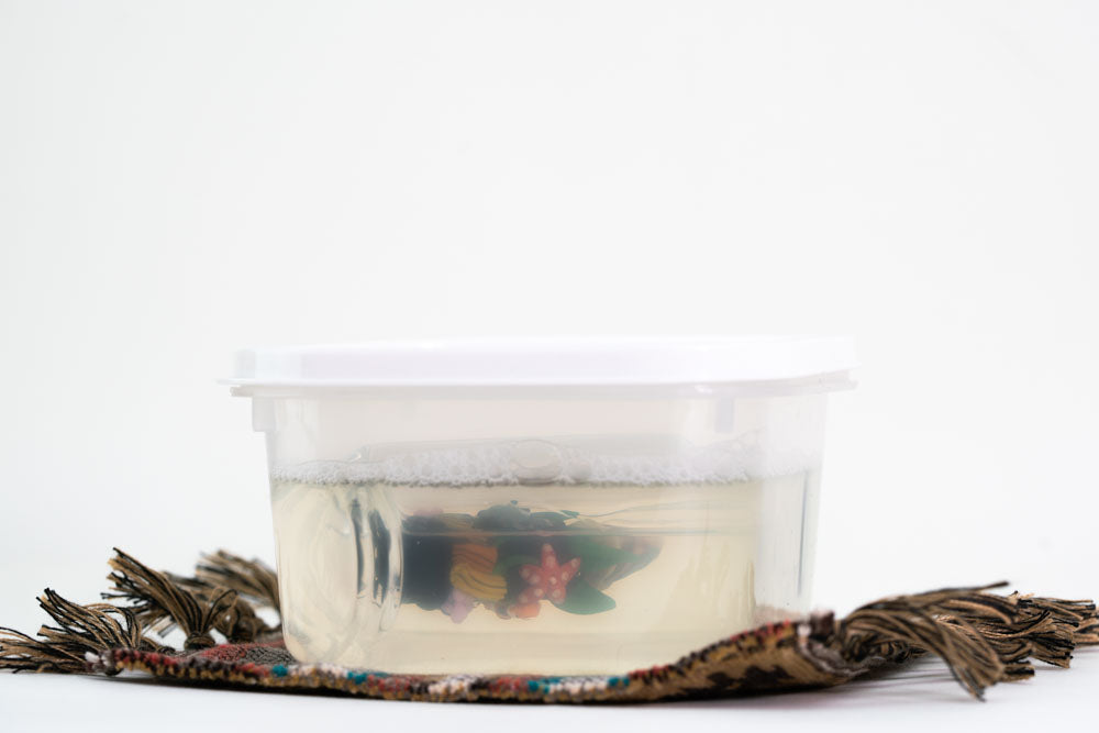 Empire glass fish attachment soaked in container with liquid