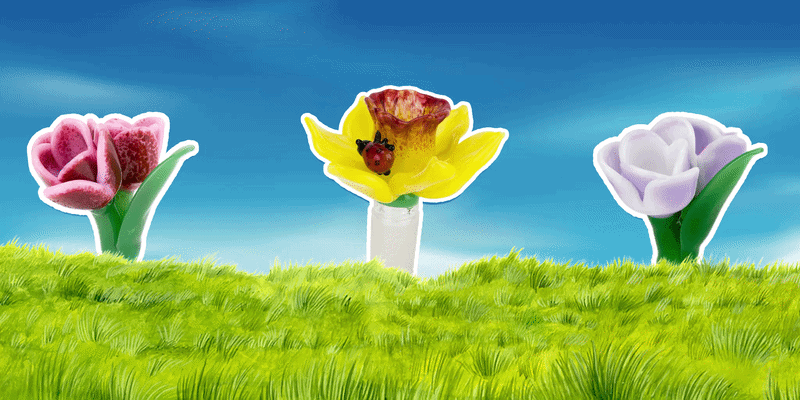 Flower bowl pieces with green grass and blue sky