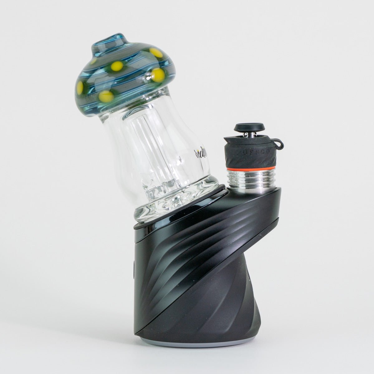 Glass green yellow mushroom attachment for Puffco device on white background